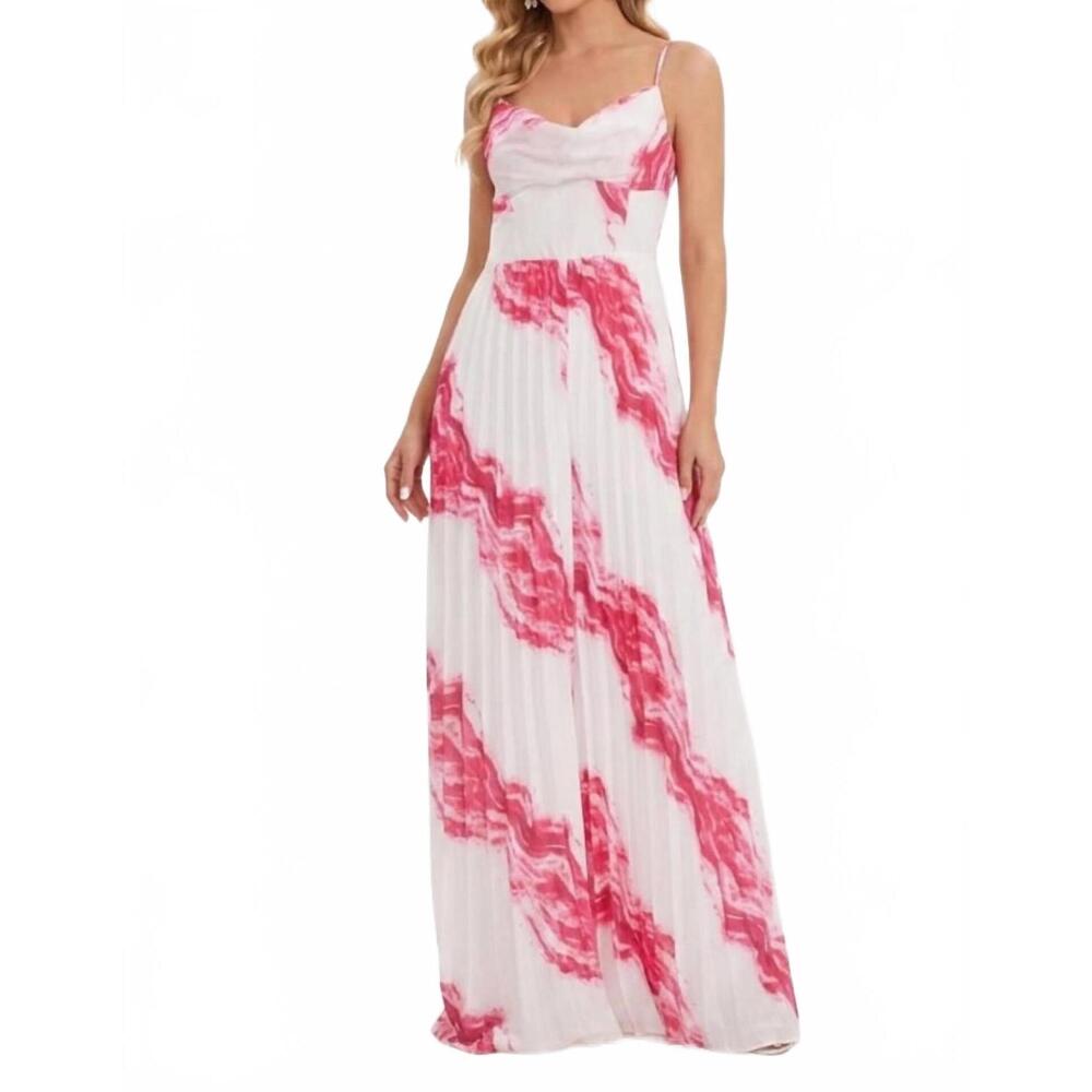 NEW CHICWAYS abstract print pleated maxi jumpsuit in magenta